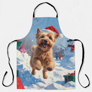 Wheaten Terrier Running in Snow with Christmas Hat Apron