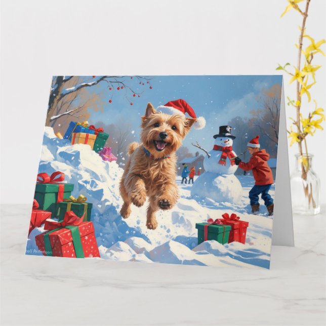 Wheaten Terrier Running in Snow with Christmas Hat Card (Yellow Flower)