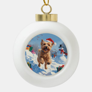 Wheaten Terrier Running in Snow with Christmas Hat Ceramic Ball Christmas Ornament