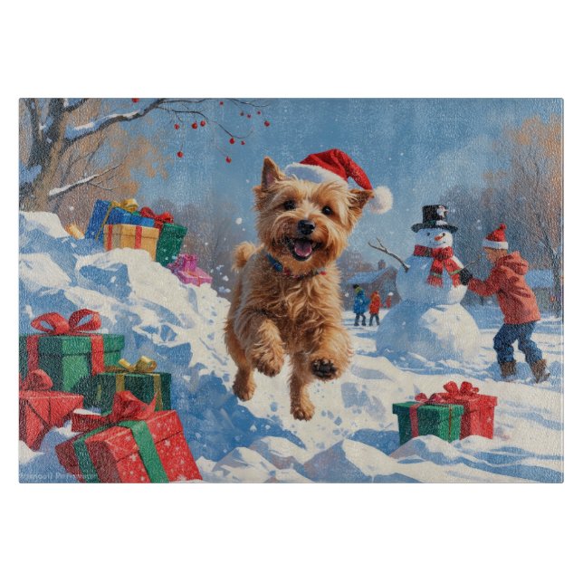 Wheaten Terrier Running in Snow with Christmas Hat Cutting Board (Front)