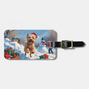 Wheaten Terrier Running in Snow with Christmas Hat Luggage Tag