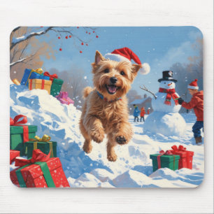 Wheaten Terrier Running in Snow with Christmas Hat Mouse Mat