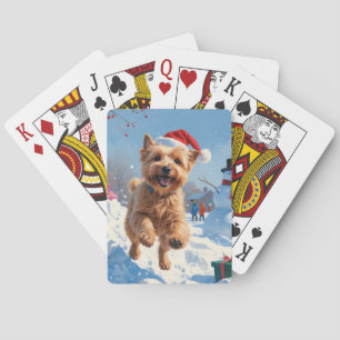 Wheaten Terrier Running in Snow with Christmas Hat Playing Cards