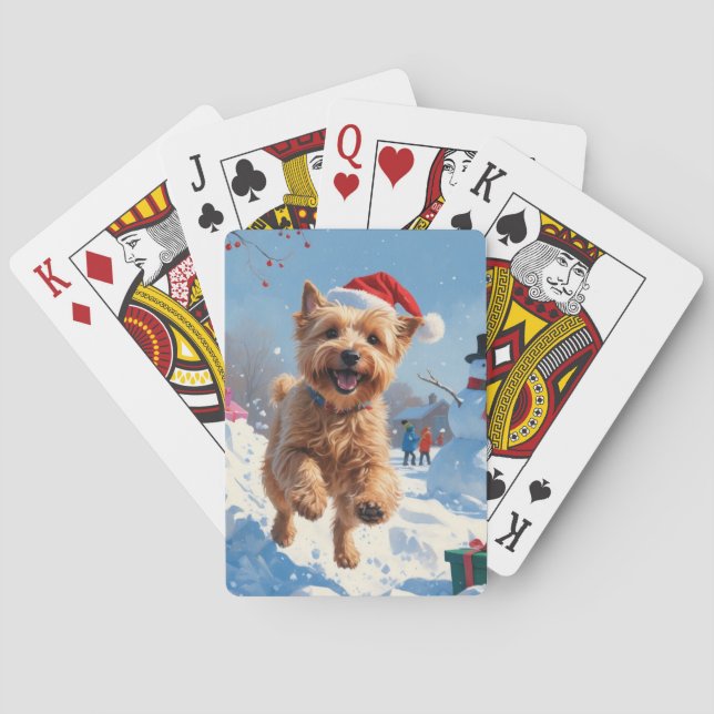 Wheaten Terrier Running in Snow with Christmas Hat Playing Cards (Back)