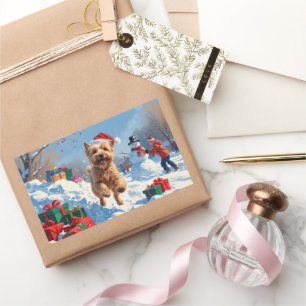 Wheaten Terrier Running in Snow with Christmas Hat Rectangular Sticker
