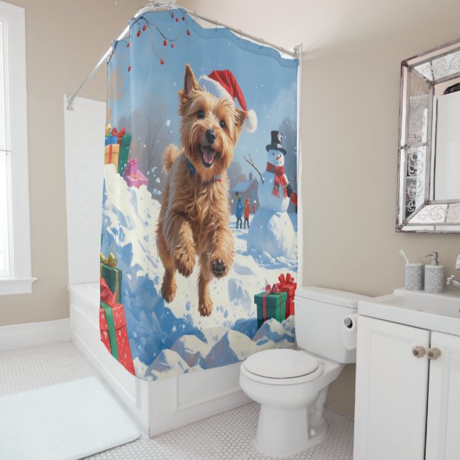 Wheaten Terrier Running in Snow with Christmas Hat Shower Curtain (In Situ)