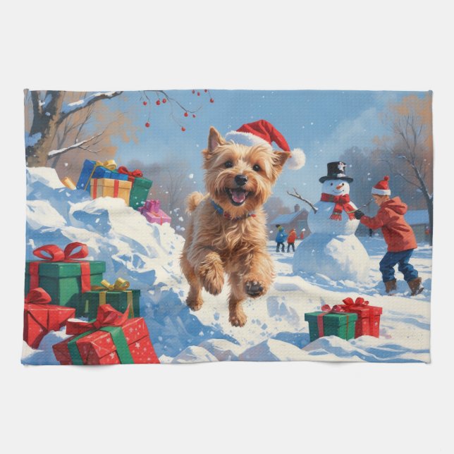 Wheaten Terrier Running in Snow with Christmas Hat Tea Towel (Horizontal)