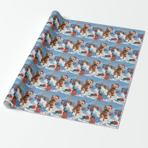 Wheaten Terrier Running in Snow with Christmas Hat Wrapping Paper