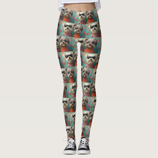Wheaten Terrier with Heart Roses Valentine's Day Leggings (Front)