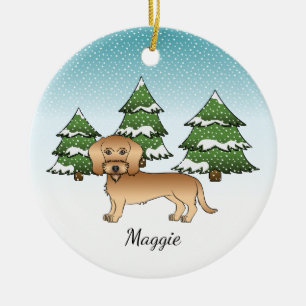 Wheaten Wire Haired Dachshund In A Winter Forest Ceramic Tree Decoration