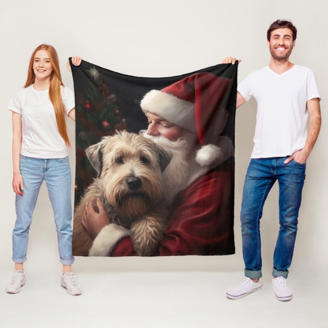 Wheaton Terrier With Santa Claus Festive Christmas Fleece Blanket (In Situ)