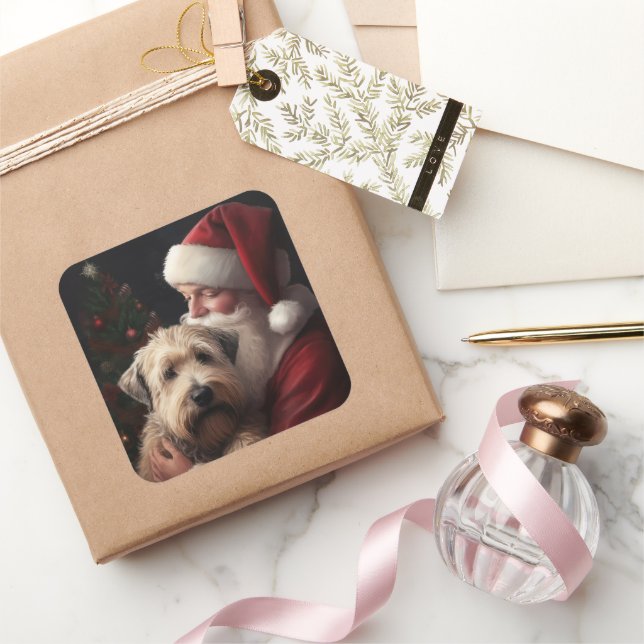 Wheaton Terrier With Santa Claus Festive Christmas Square Sticker (Gifting)
