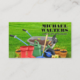 Wheel Barrow Gardening Tools Grass Background Business Card