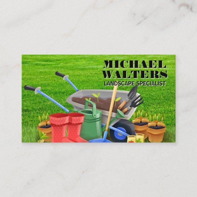 Wheel Barrow Gardening Tools | Grass Background Business Card (Front)