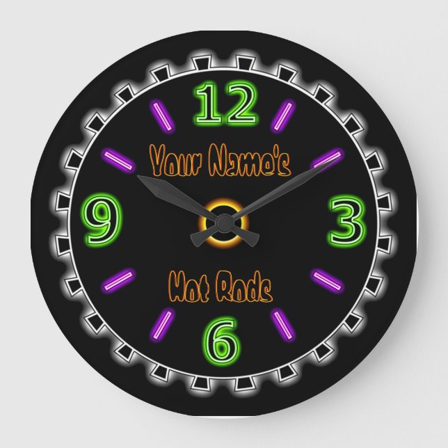 Wheel Cool Faux Neon #2 (Personalised Wall Clock) Large Clock (Front)