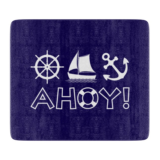 Wheel Sailboat Anchor Ahoy! White Cutting Board (Front)