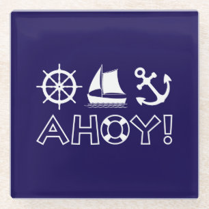 Wheel Sailboat Anchor Ahoy! White Glass Coaster