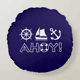 Wheel Sailboat Anchor Ahoy! White Round Cushion