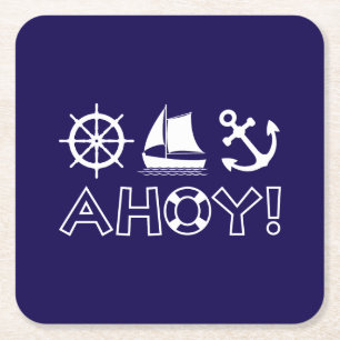 Wheel Sailboat Anchor Ahoy! White Square Paper Coaster