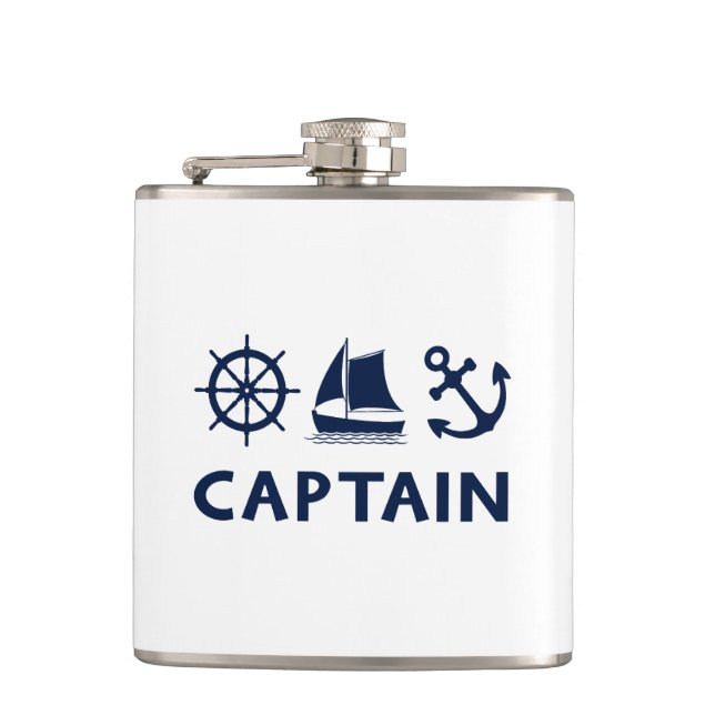 Wheel Sailboat Anchor Captain Dark Blue Hip Flask (Front)