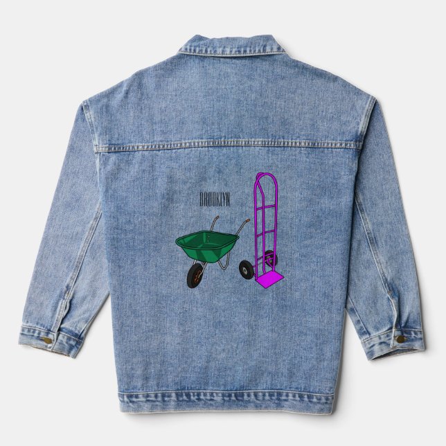 Wheelbarrow & hand trolley cartoon illustration denim jacket (Back)