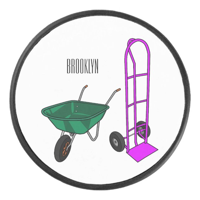 Wheelbarrow & hand trolley cartoon illustration hockey puck (Front)
