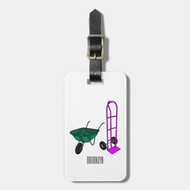 Wheelbarrow & hand trolley cartoon illustration luggage tag (Front Vertical)