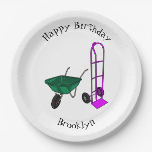 Wheelbarrow & hand trolley cartoon illustration paper plate