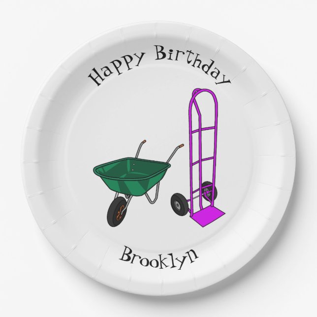 Wheelbarrow & hand trolley cartoon illustration paper plate (Front)