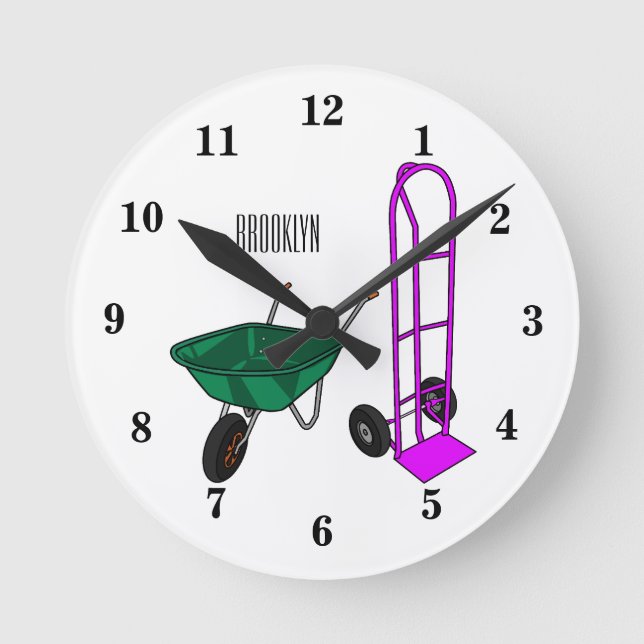 Wheelbarrow & hand trolley cartoon illustration round clock (Front)