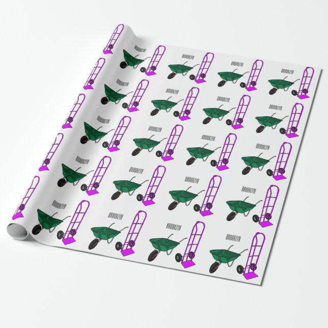 Wheelbarrow & hand trolley cartoon illustration wrapping paper (Unrolled)