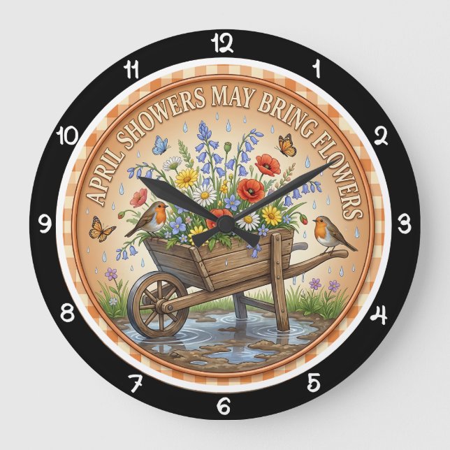 Wheelbarrow Wildflower Spring Heritage Large Clock (Front)