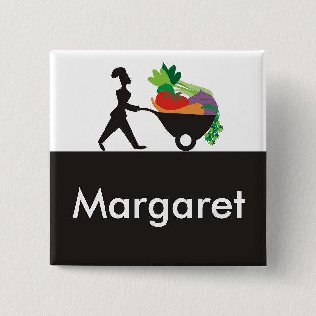 wheelbarrow woman chef giant vegetables name ta... 15 cm square badge (Front)