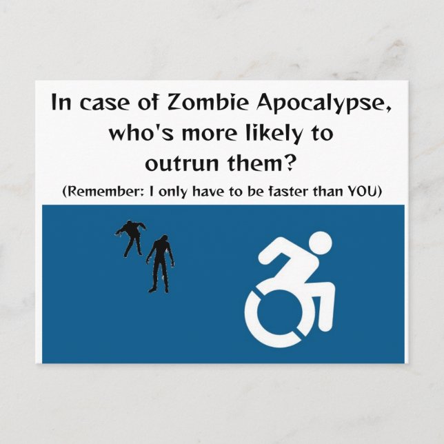 Wheelchair user escapes in Zombie Apocalypse Postcard (Front)