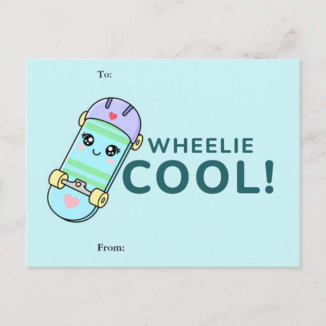 Wheelie Cool! Cute Skateboard Classroom Valentine  Holiday Postcard (Front)