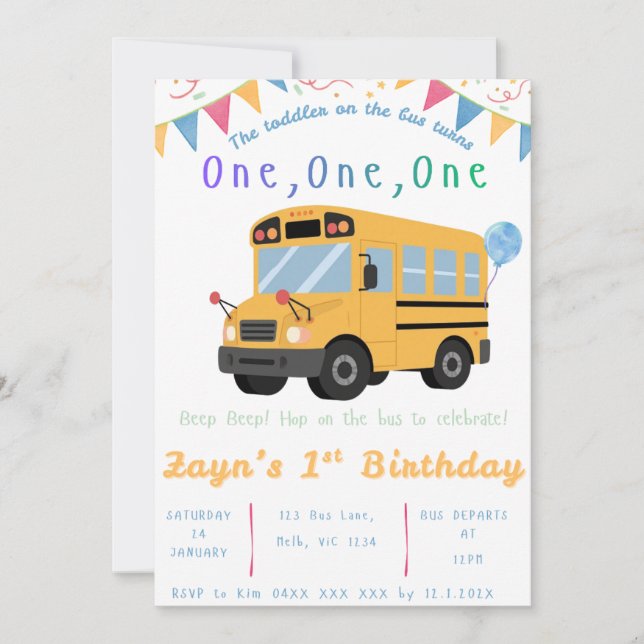Wheels on the Bus Birthday Invitation (Front)