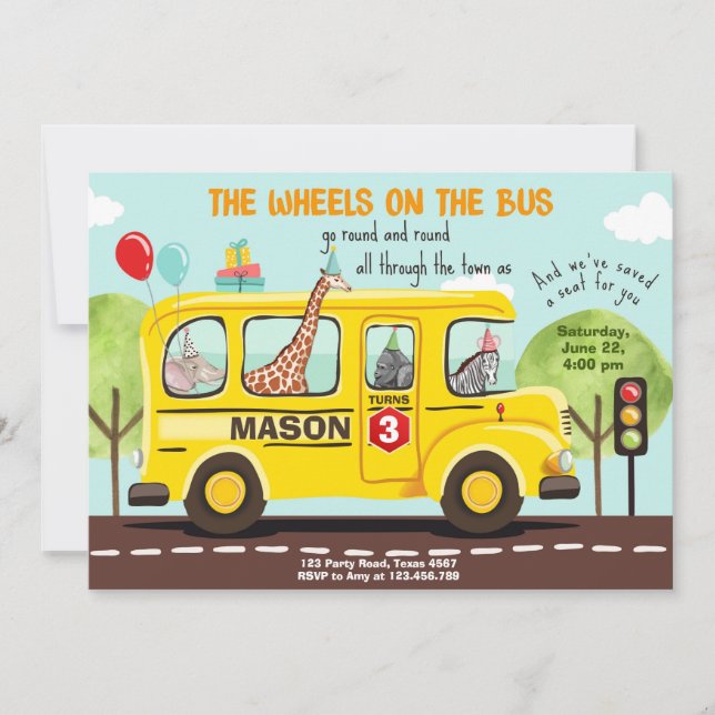 Wheels on the Bus Birthday Invite School Bus Party (Front)