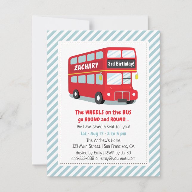 Wheels On The Bus Kids Birthday Party Invitations (Front)