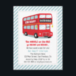 Wheels On The Bus Kids Birthday Party Invitations<br><div class="desc">The wheels on the bus go round and round! A red London double Decker inspired bus illustration with space on the bus to personalise with name of child and words. Perfect for kids who love transportation vehicles especially buses! Blue and white slanted stripes for background. Personalise easily with your party...</div>