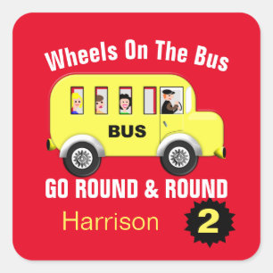 Wheels On The Bus Kids Cute Personalised Square Sticker