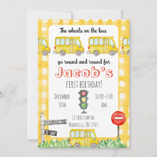 Wheels on the bus yellow kids birthday invitation