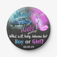 Wheels or Heels gender reveal paper plate.