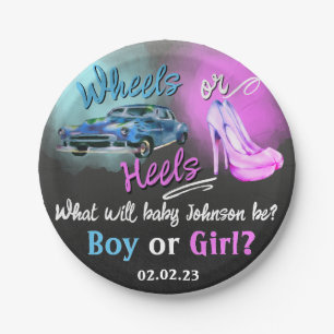 Wheels or Heels gender reveal paper plate. Plate