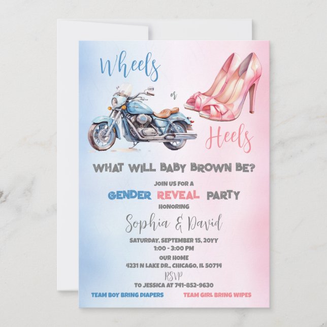 Wheels or Heels Gender Reveal Party Invitation (Front)