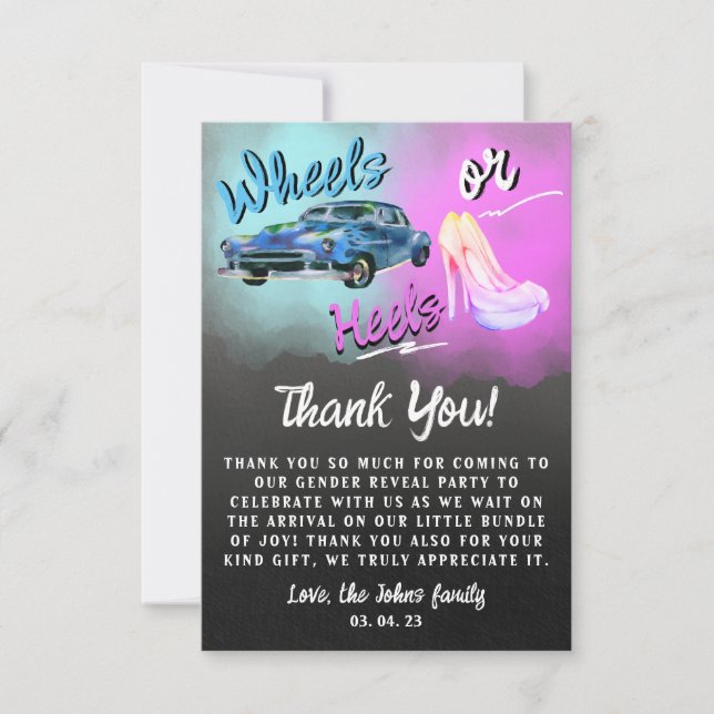 Wheels or Heels gender reveal Thank you Card.   Invitation (Front)