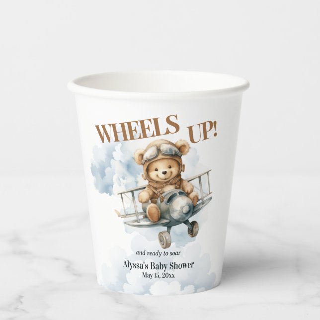 Wheels Up Teddy Bear Aeroplane Baby Shower Paper Cups (Front)