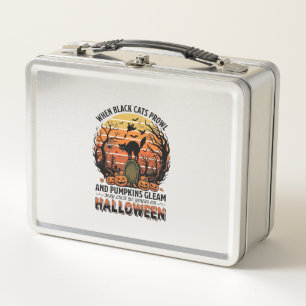 When Black Cats Prowl Halloween Cat Tombstone Pump Metal Lunch Box