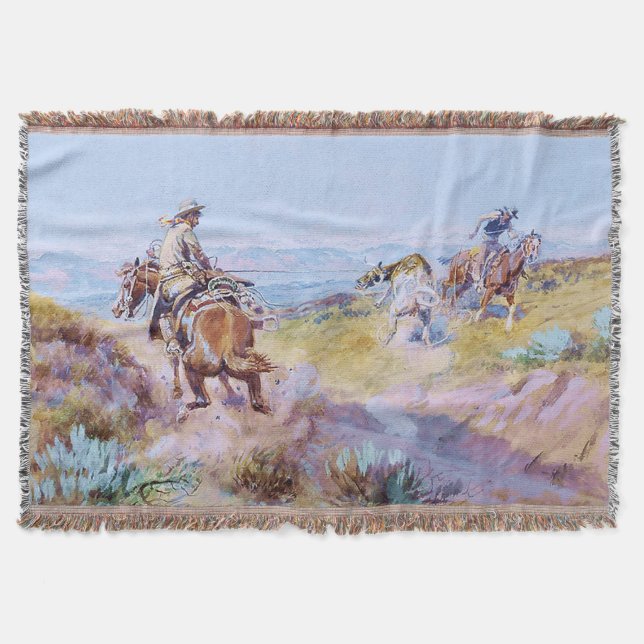 “When Cows Were Wild” by Charles M Russell Throw Blanket (Front)