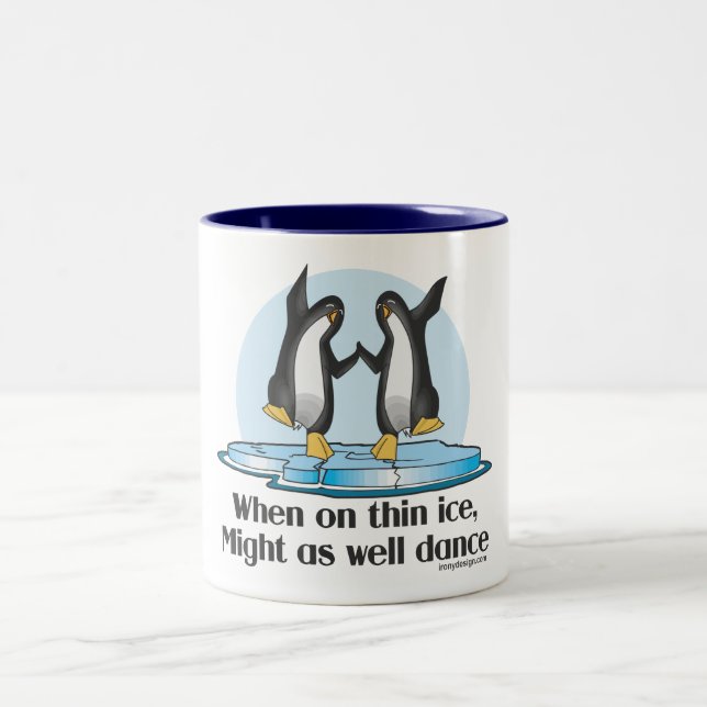 When On Thin Ice Penguins Funny Design Two-Tone Coffee Mug (Center)