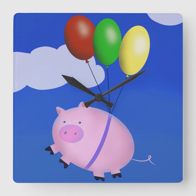 When Pigs Fly Cute Pig Floating Balloons Square Wall Clock (Front)